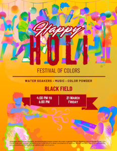 Promotional poster for Holi event on Black Field.