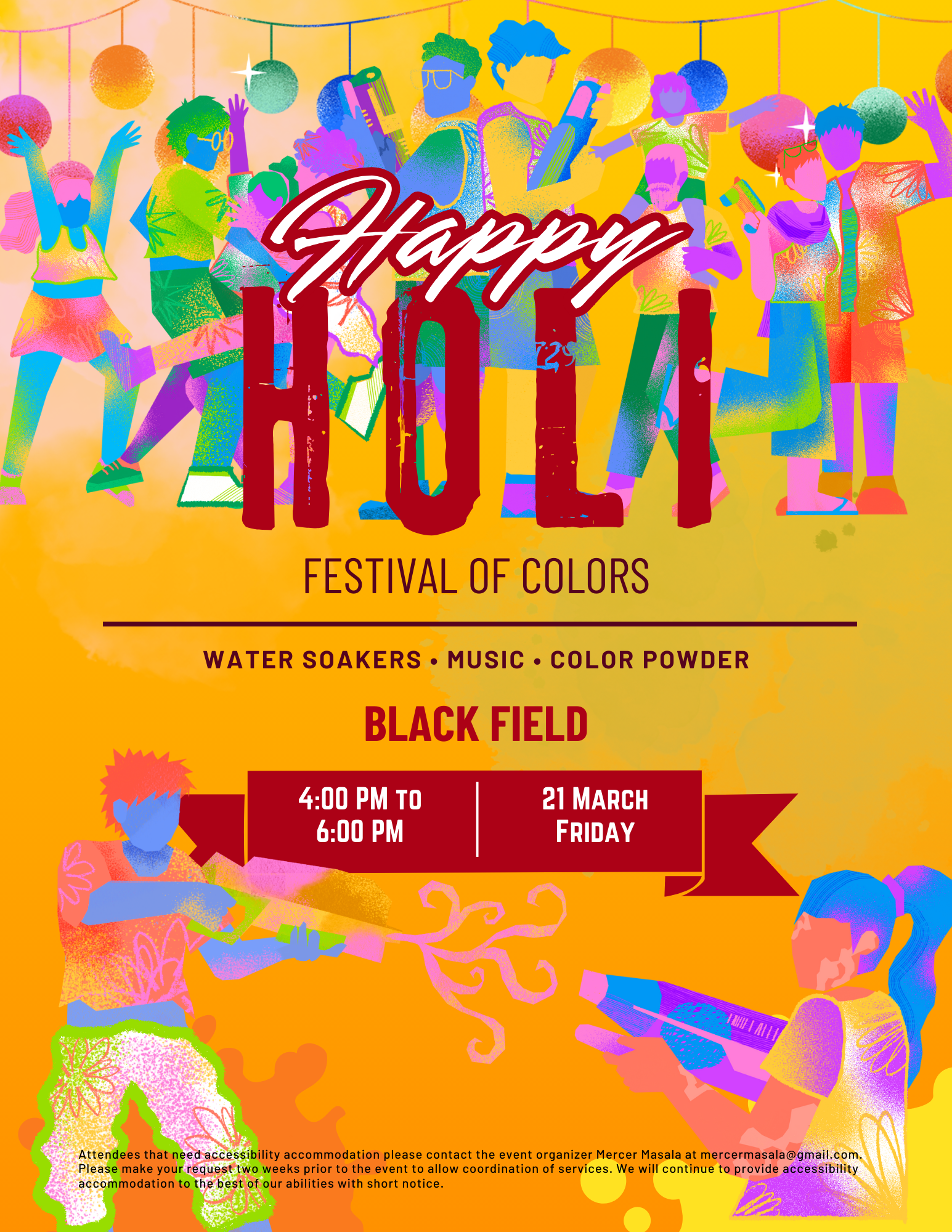 Promotional poster for Holi event on Black Field.