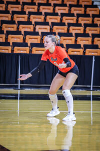 A Mercer volleyball player during a match.