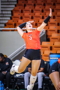 A Mercer volleyball player during a match.