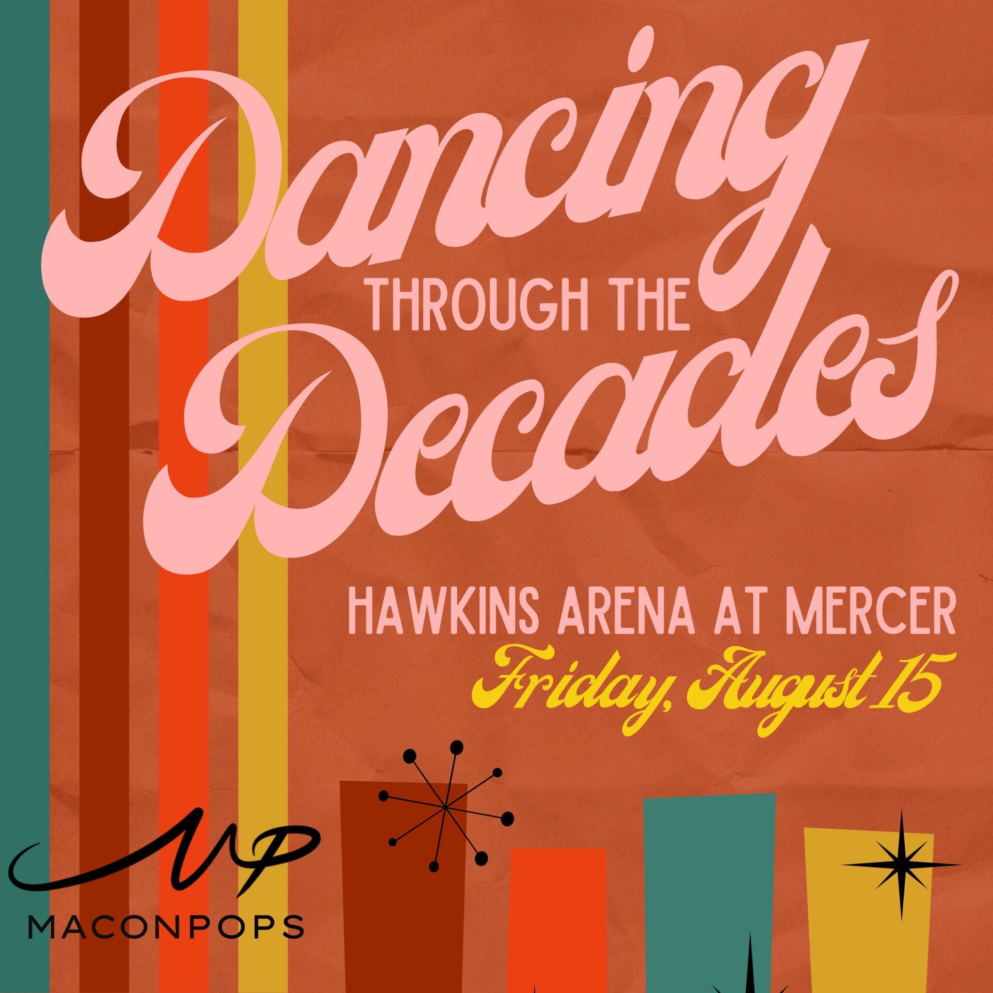 Promotional graphic for Dancing Through the Decades at Hawkins Arena.