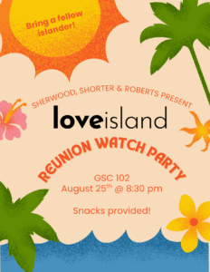 Promotional flyer for a Love Island watch party.