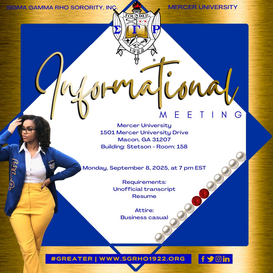 Flyer promoting an informational meeting for Sigma Gamma Rho Sorority Inc.