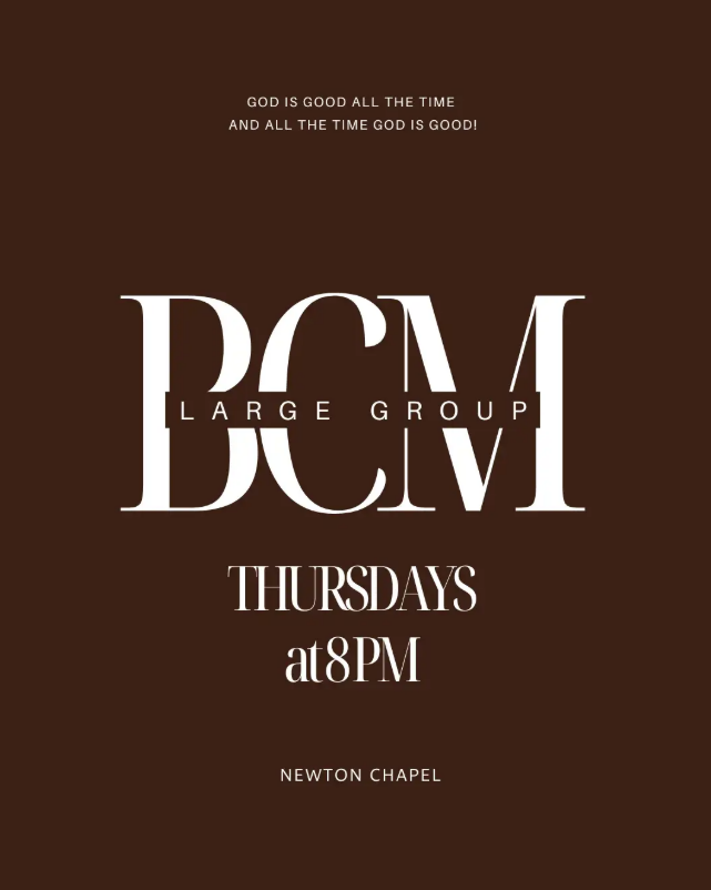 Promotional flyer for BCM large group meeting.