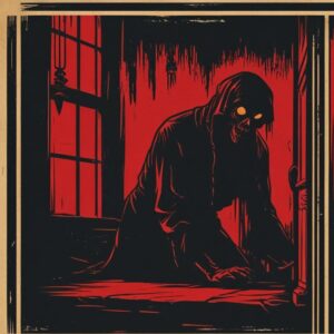 Creepy image of a skeleton man in a cloak with glowing eyes.
