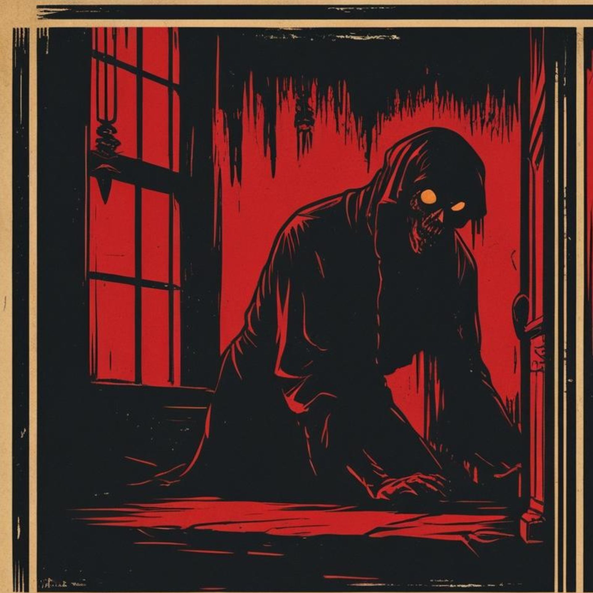 Creepy image of a skeleton man in a cloak with glowing eyes.