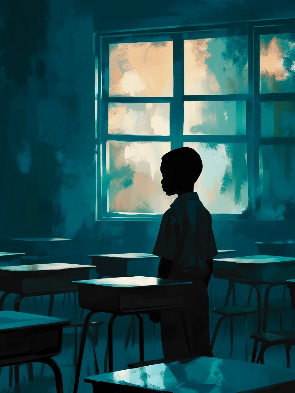 Artistic image of a boy standing in a classroom.