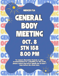 Promotional flyer for Mercer FSA General Body Meeting.