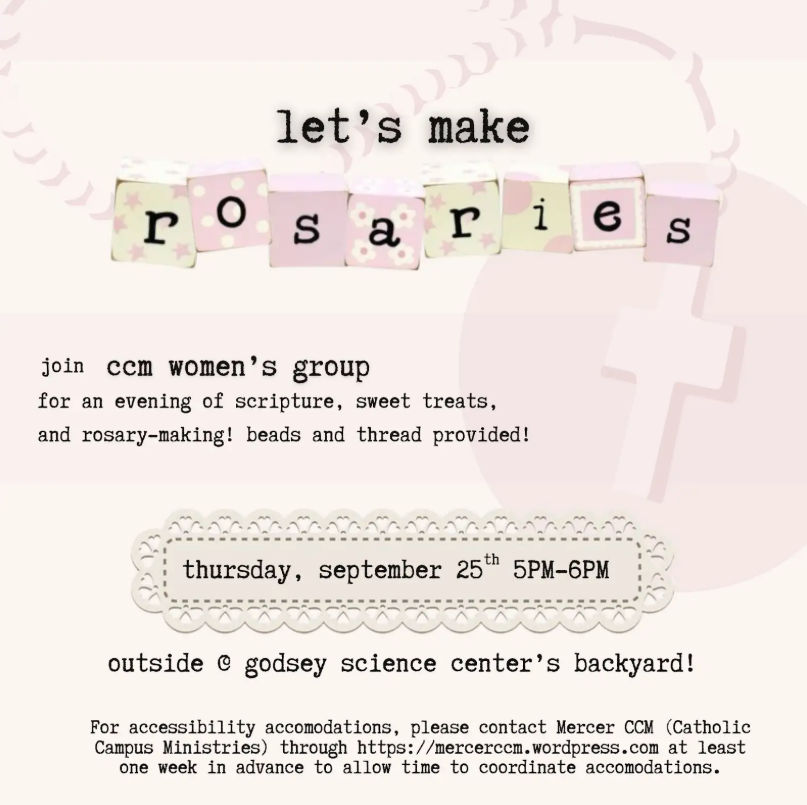 Promotional flyer for making rosaries with CCM's Women's Group.