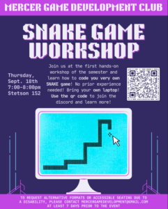 Promotional flyer for the snake game development workshop.