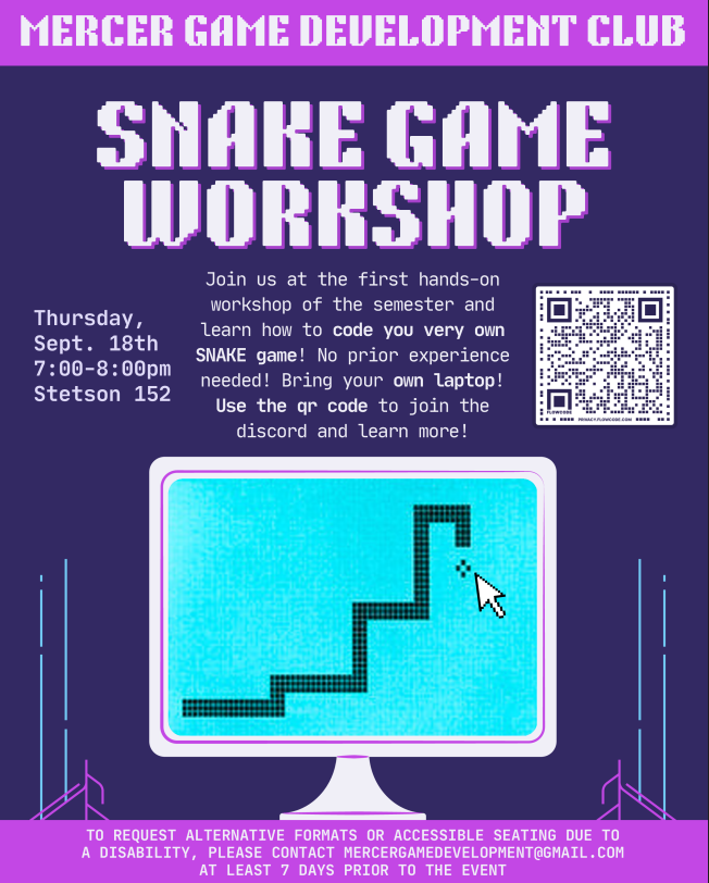 Promotional flyer for the snake game development workshop.