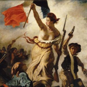 Painting of the French Revolution showing a woman waving a French flag.