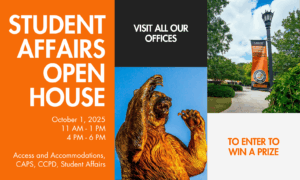 Promotional poster for student affairs open house.