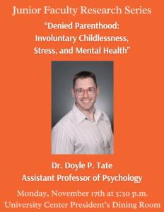 Promotional poster for Junior Faculty Research Series with Dr. Doyle P. Tate.