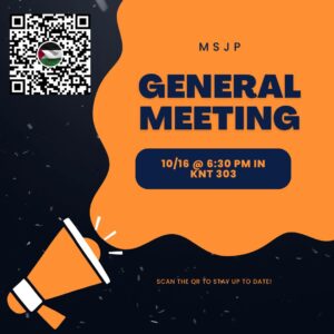 Promotional graphic for MSJP general meeting.
