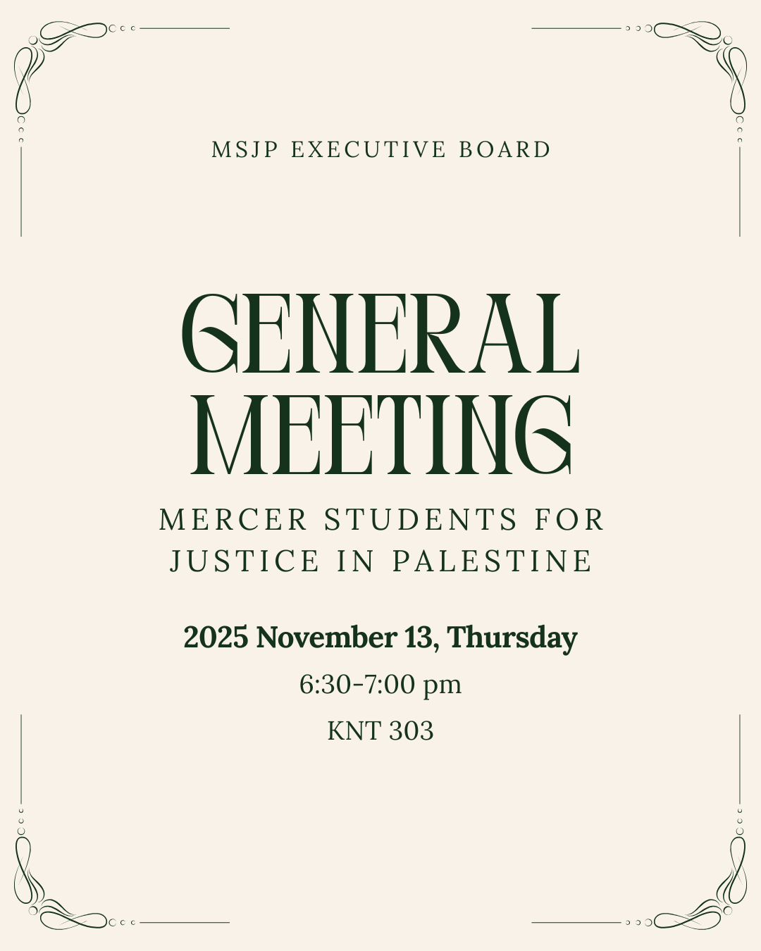 Promotional poster for a general meeting of Mercer Students for Justice in Palestine.