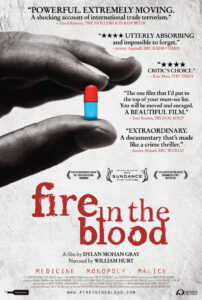 Promotional poster for Fire in the Blood film screening.