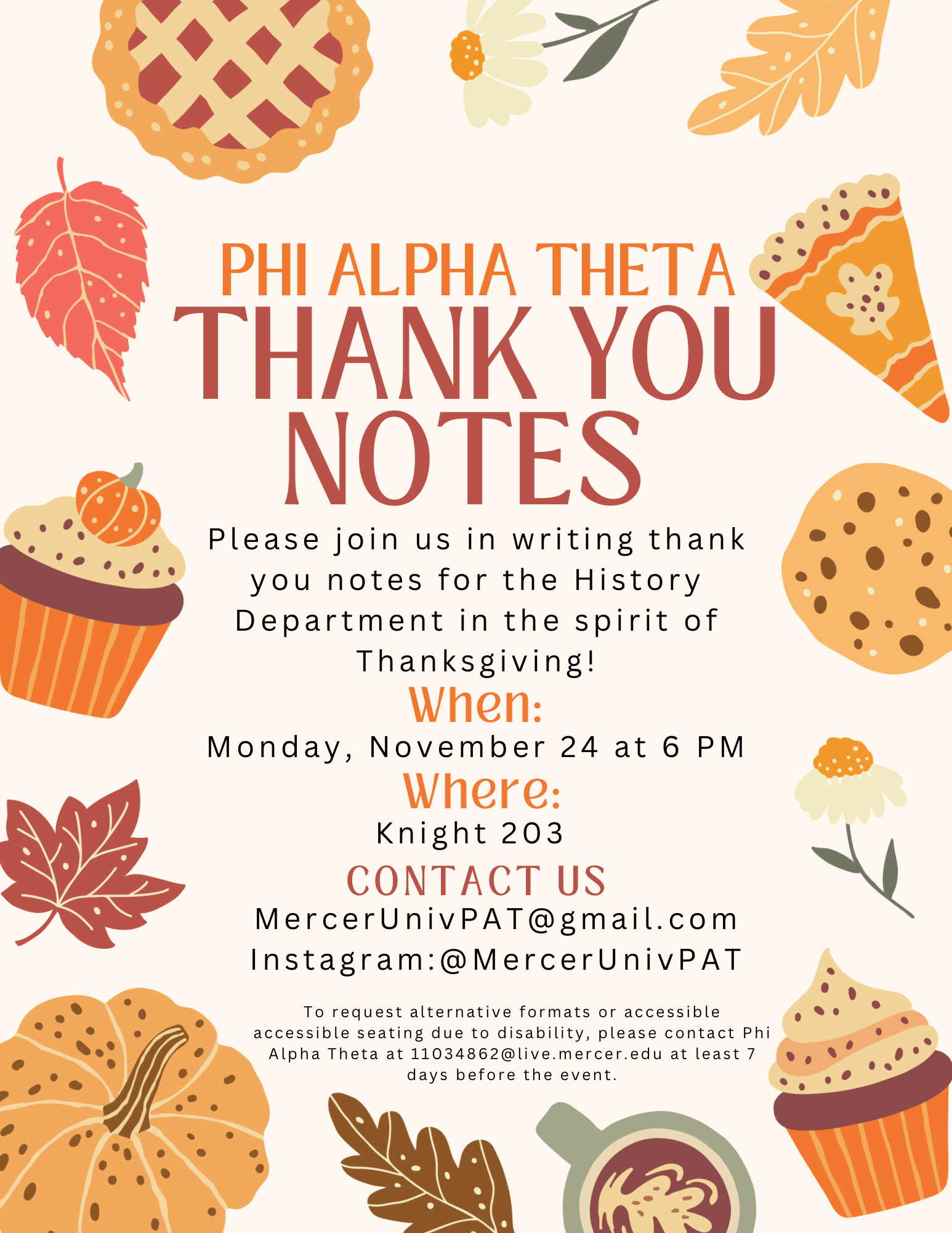 Promotional flyer for Phi Alpha Theta's thank-you note writing session.
