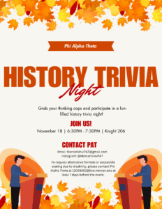 Promotional poster for History Trivia Night.