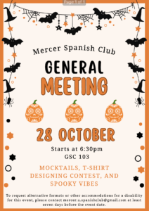 Promotional poster for Mercer Spanish Club general meeting.