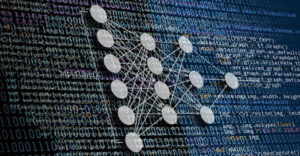 Illustration of a complex network graph superimposed on a background of digital code.