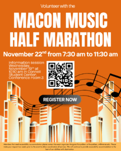 Promotional flyer for Macon Music Half Marathon Volunteers