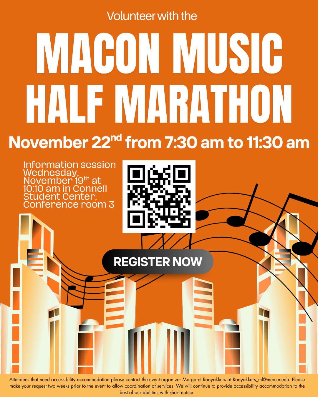 Promotional flyer for Macon Music Half Marathon Volunteers