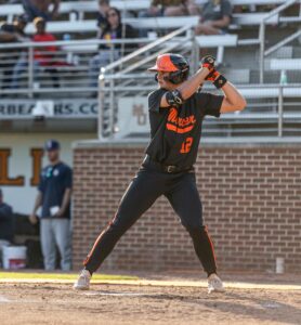 Mercer baseball player standing at bat during a game, preparing to swing.