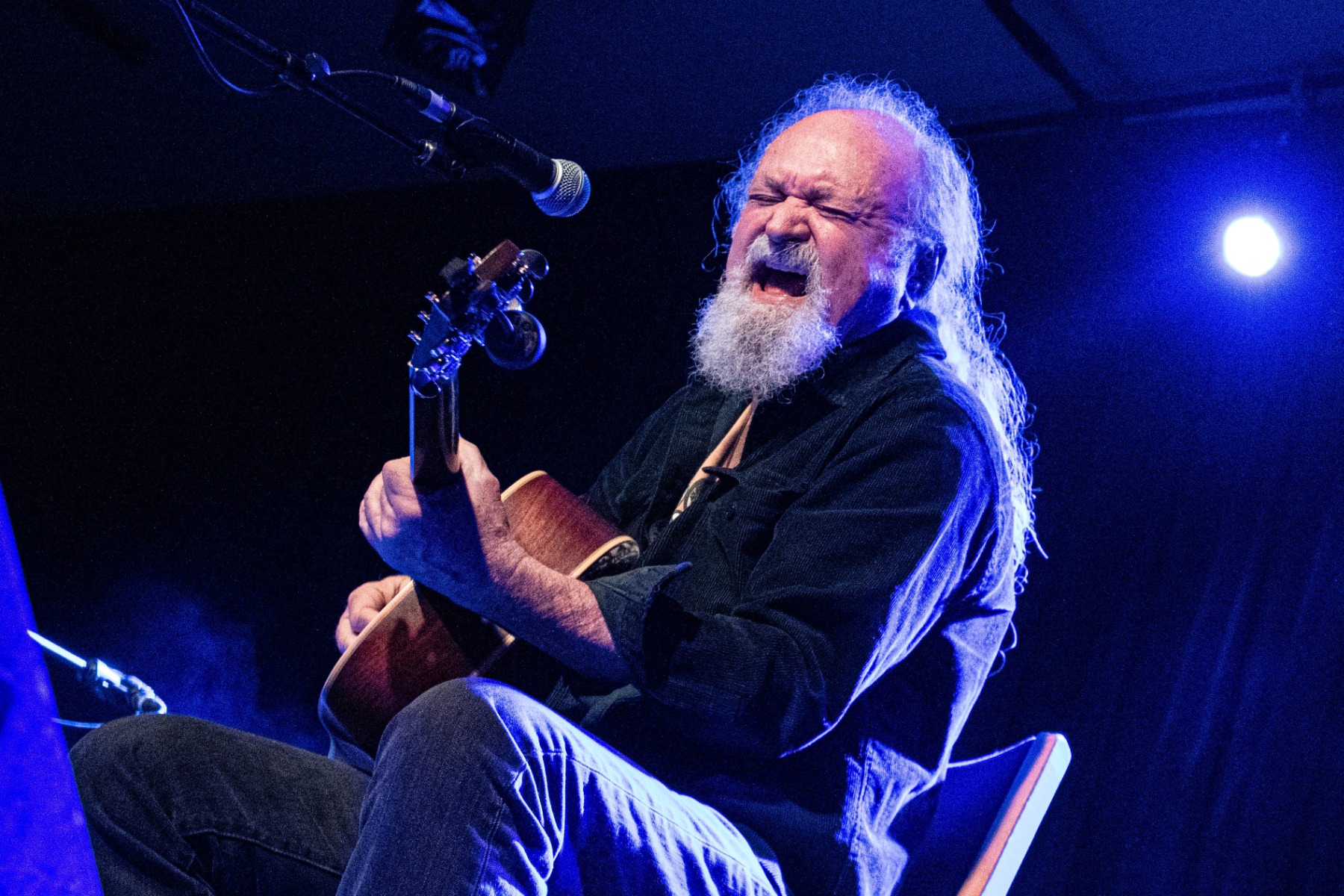 Tinsley Ellis playing acoustic guitar on stage.