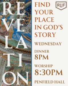 Promotional poster for RUF dinner and worship.