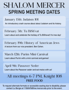 Promotional flyer for Shalom Mercer spring meetings.