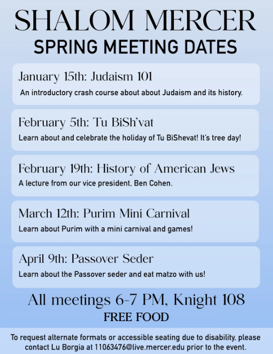 Promotional flyer for Shalom Mercer spring meetings.