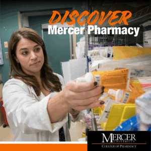 Promotional graphic for Discover Mercer Pharmacy featuring a pharmacy student.