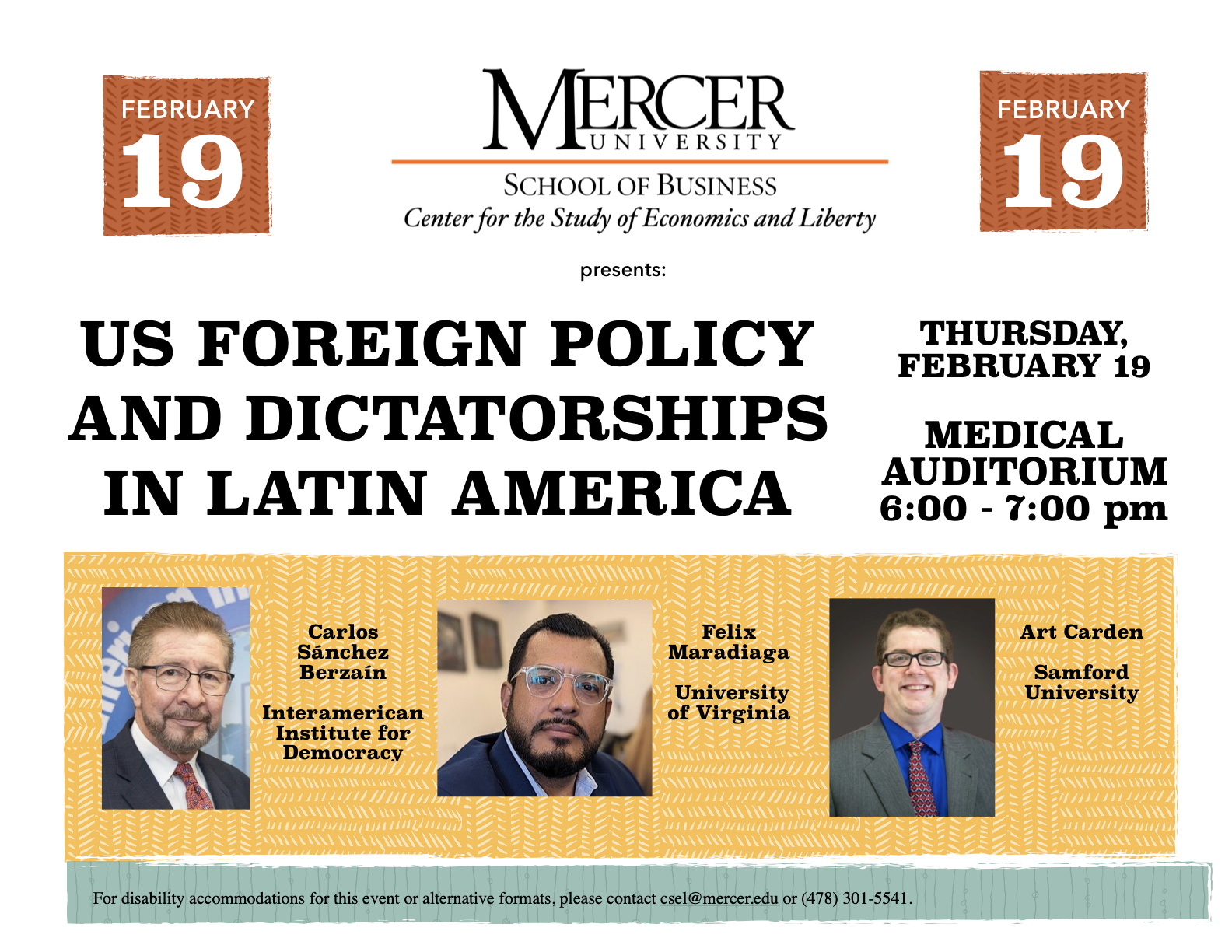 Promotional graphic for a panel on U.S. Foreign Policy and Dictatorships in Latin America.