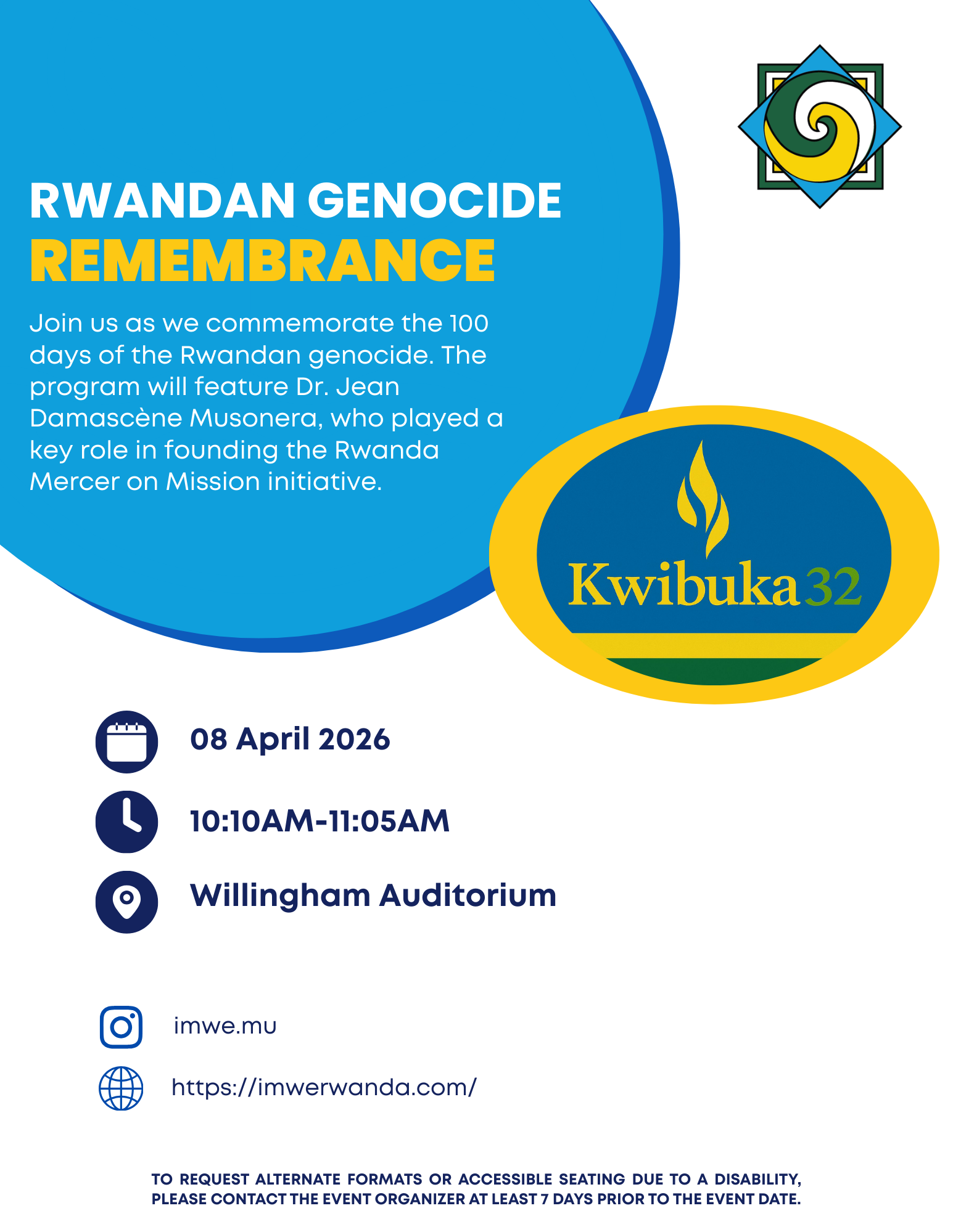 Promotional flyer for Rwandan Genocide Remembrance event.