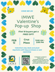 Promotional flyer for the IMWE Valentine's Day Pop-Up Shop.