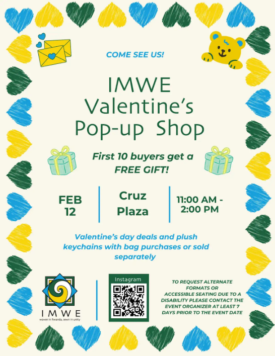 Promotional flyer for the IMWE Valentine's Day Pop-Up Shop.