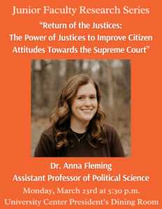 Promotional flyer for the Junior Faculty Research Series featuring Dr. Anna Fleming.