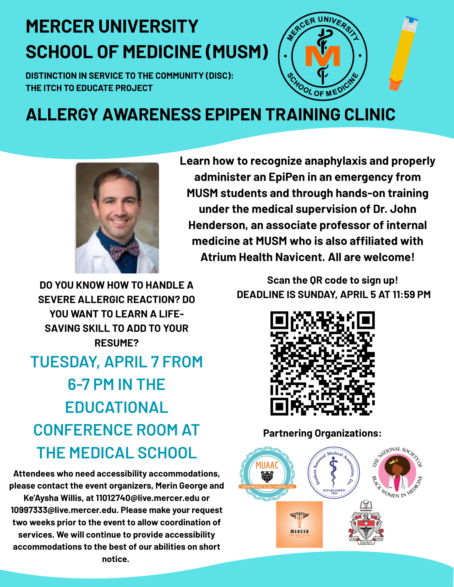 Promotional flyer for the Allergy Awareness Epipen Training Clinic.