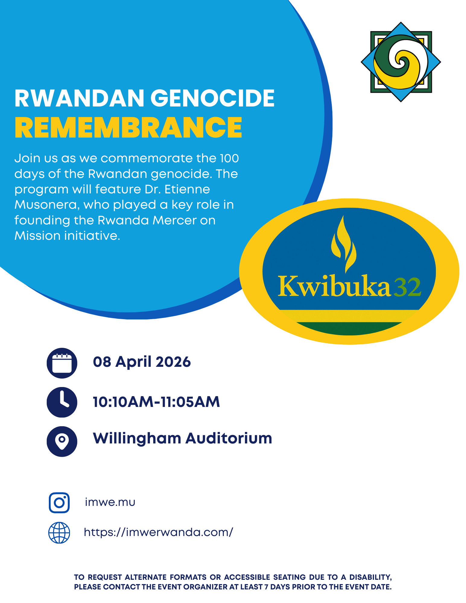Promotional flyer for Rwandan Genocide Remembrance event.