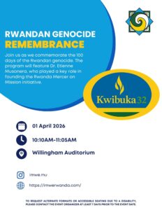 Promotional flyer for Rwandan genocide remembrance event.