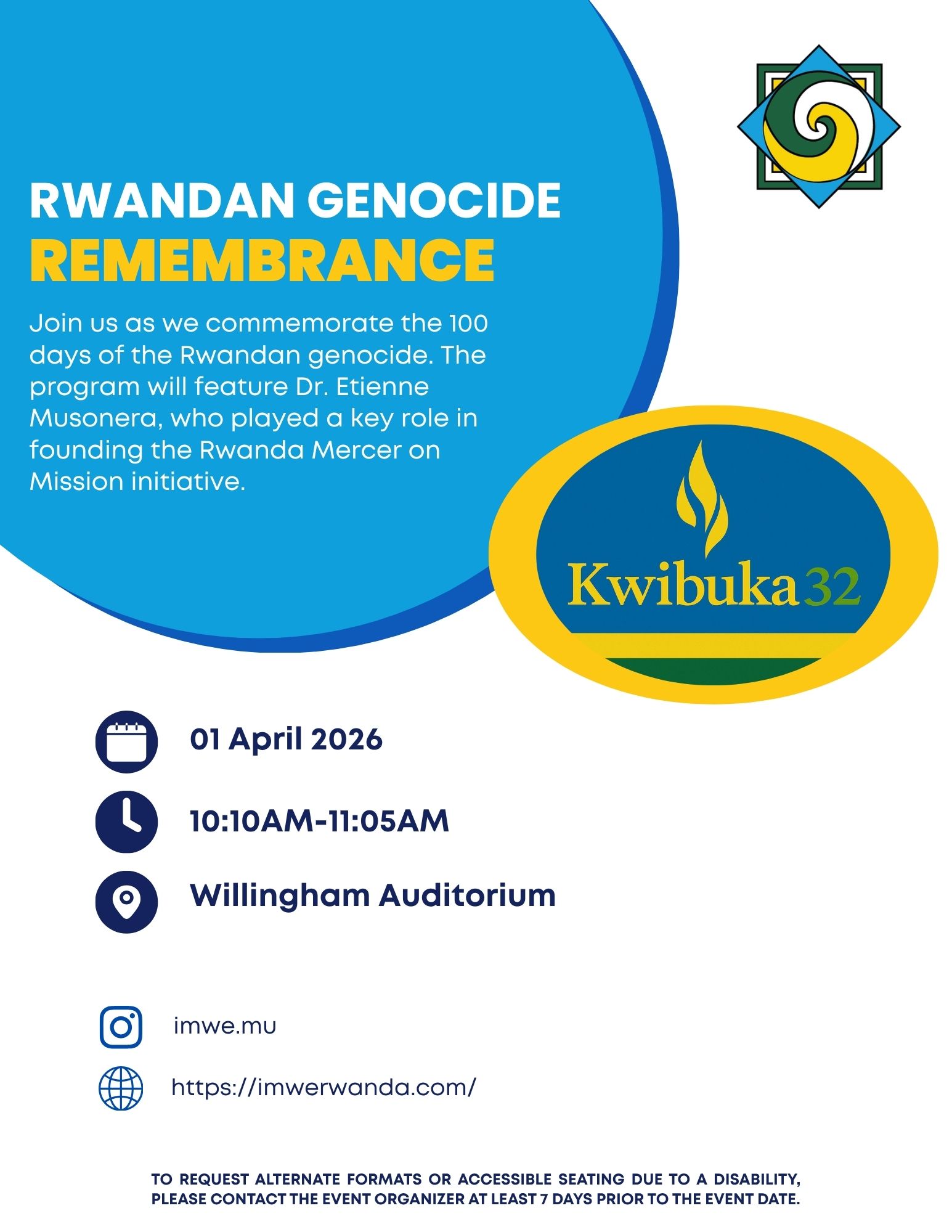 Promotional flyer for Rwandan genocide remembrance event.