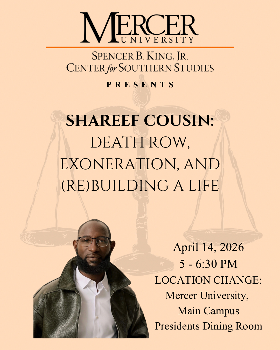 Promotional poster for event titled Shareef Cousin: Death Row, Exoneration and Rebuilding a Life