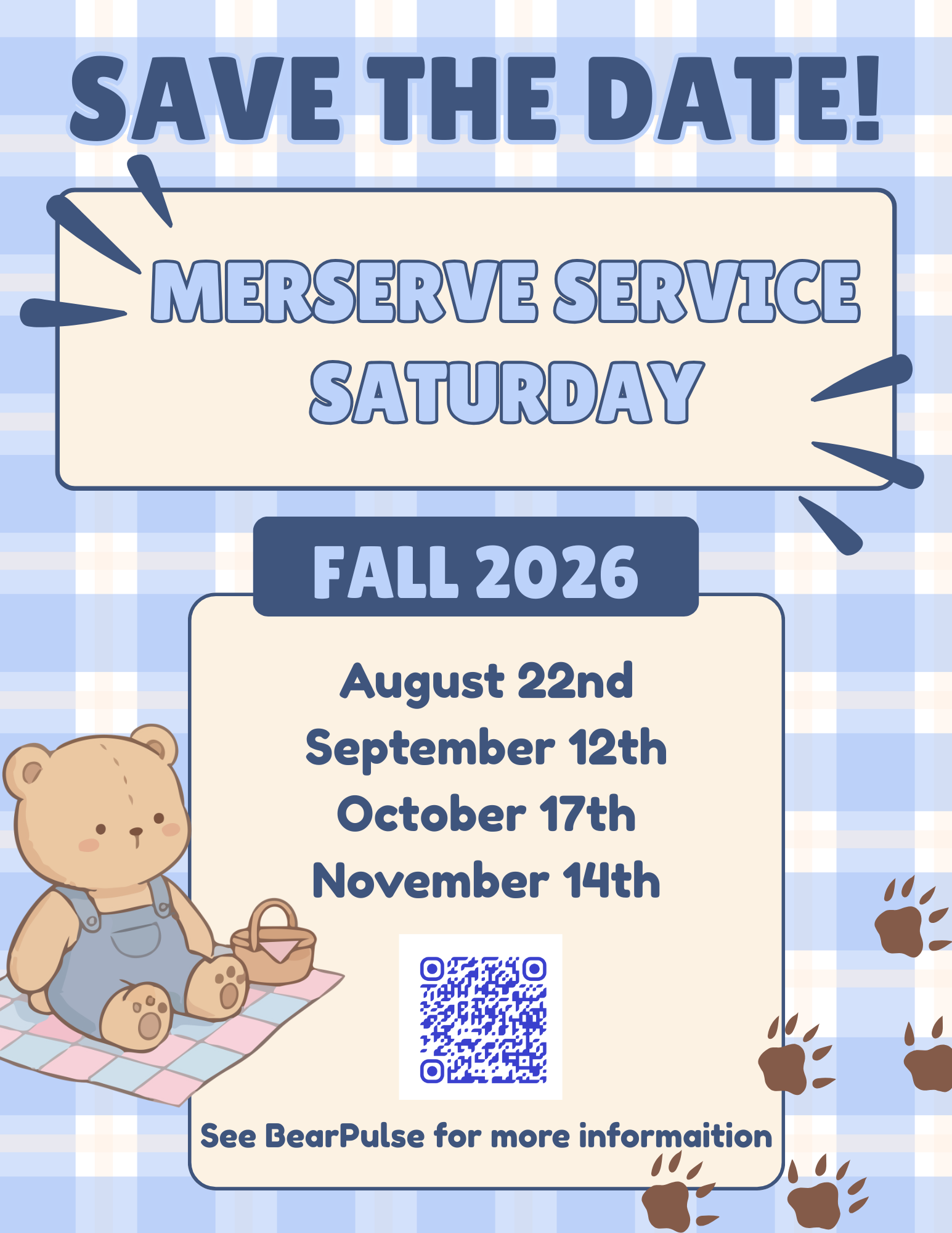 Save the Date flyer for MerServe Service Saturday, Fall 2026, listing dates Aug 22, Sep 12, Oct 17, Nov 14, with QR code and bear cub graphic.