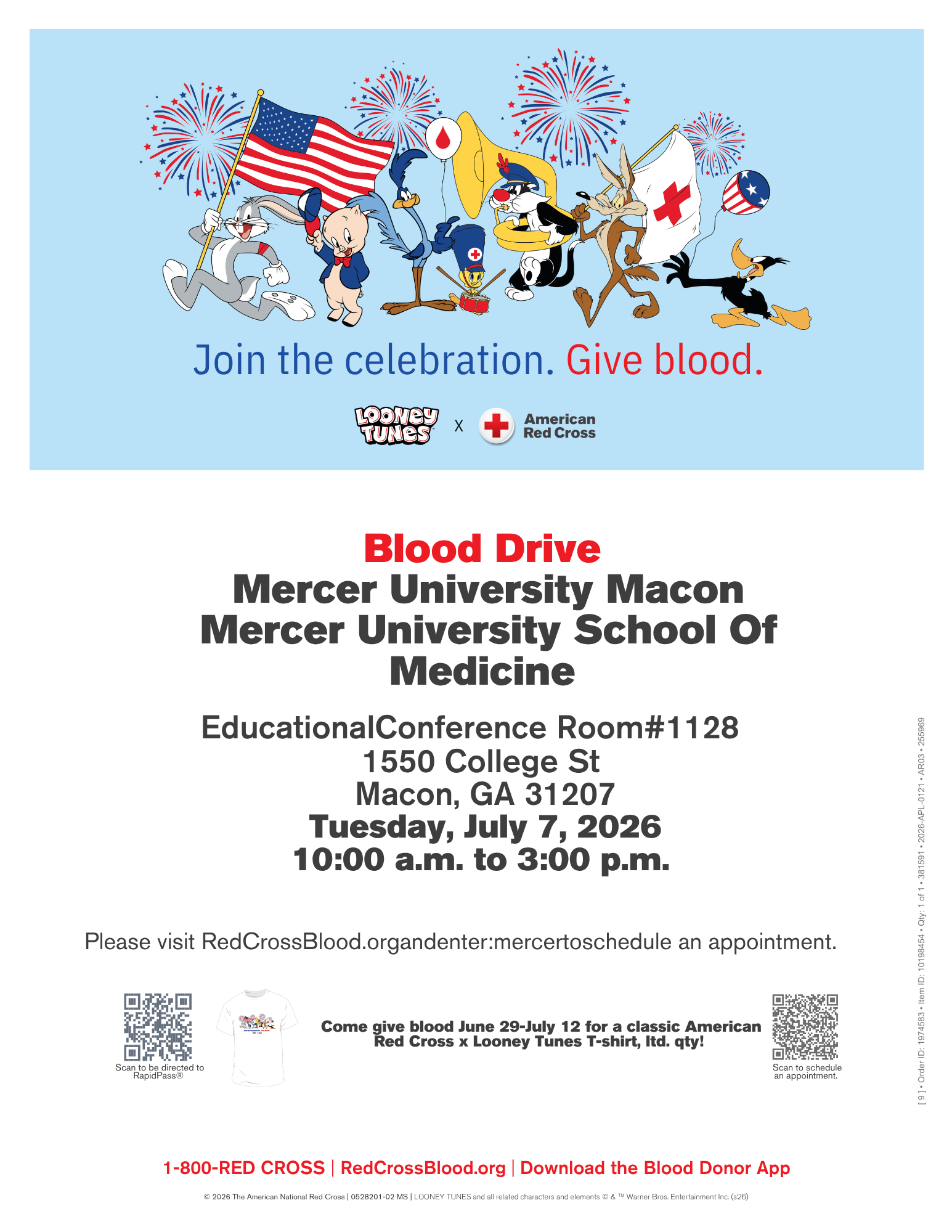 Flyer: Looney Tunes x Red Cross blood drive at Mercer University Macon, July 7, 2026, 10am–3pm. Visit RedCrossBlood.org to schedule.