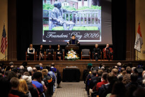 President Penny L. Elkins, Ph.D., addresses a packed auditorium at Mercer University's Founders' Day 2026 ceremony.