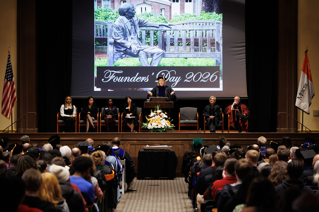 President Penny L. Elkins, Ph.D., addresses a packed auditorium at Mercer University's Founders' Day 2026 ceremony.