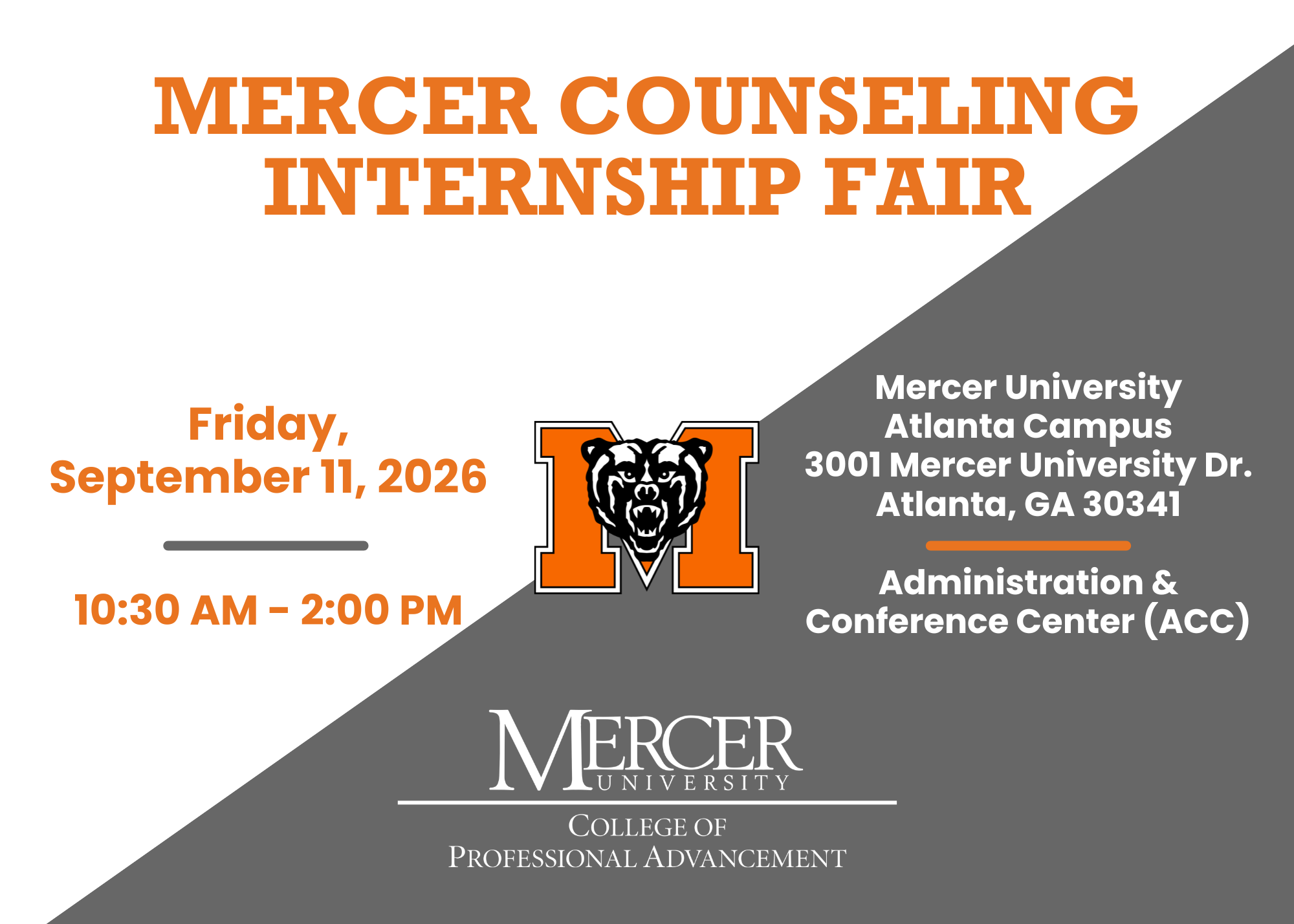 Flyer for Mercer University Counseling Internship Fair, Friday, September 11, 2026, 10:30 AM–2:00 PM, Atlanta Campus Administration & Conference Center.