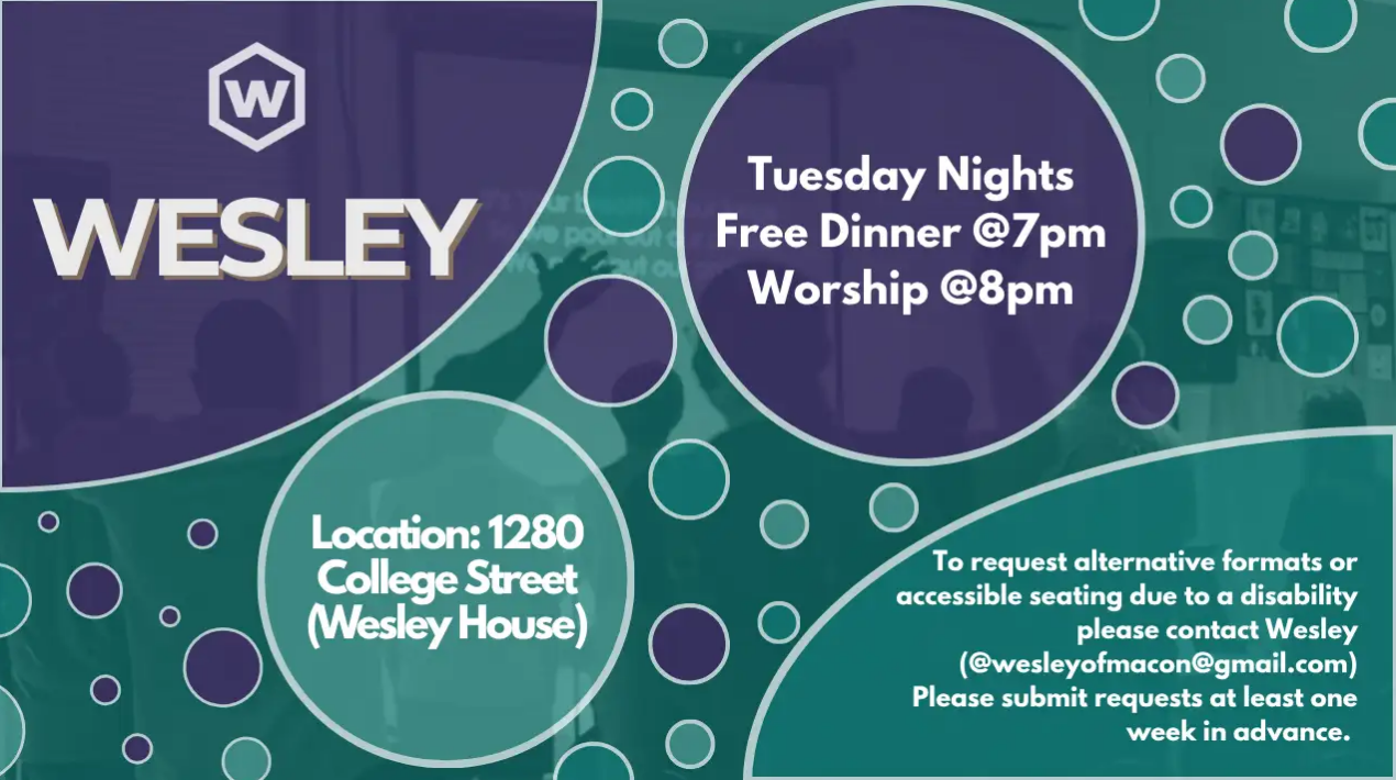 Promotional graphic for Tuesday night dinner and worship at the Wesley House.