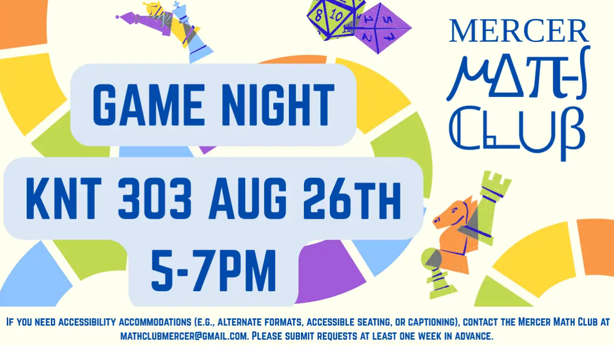 Promotional graphic for Mercer Math Club Game Night.